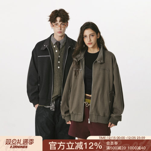 FORNINES复古千鸟格拼接立领毛呢夹克男款秋冬宽松休闲呢子外套女