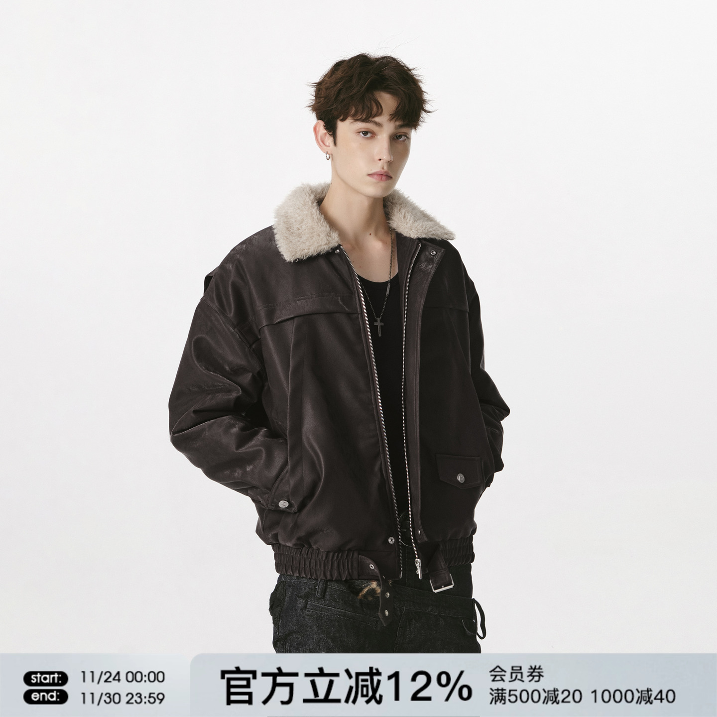 FORNINES复古翻领皮面棉服男女冬季防寒毛领棉衣加厚保暖情侣棉袄