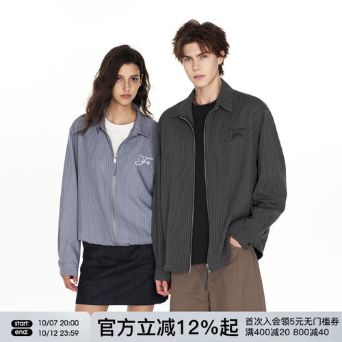 FORNINES假两件竖条纹拉链长袖衬衫男女宽松休闲春秋翻领衬衣外套