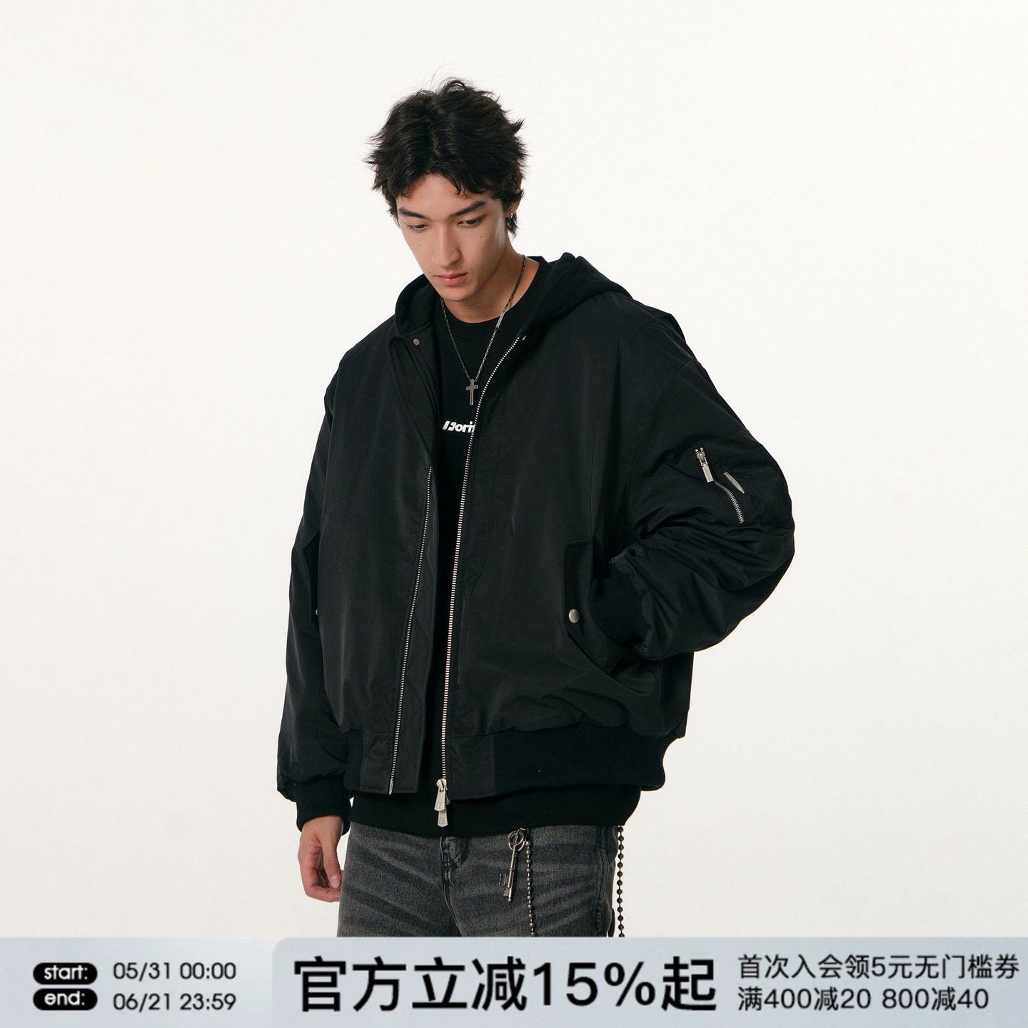 FORNINES极简黑色夹克棉衣男秋冬连帽棉服宽松休闲工装外套女棉袄