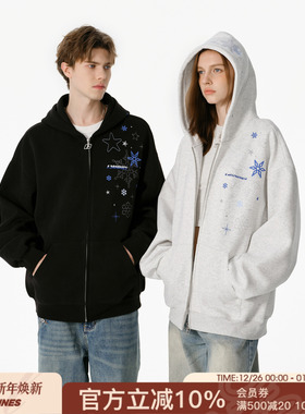 FORNINES雪花刺绣重磅开衫卫衣男款情侣连帽衫秋冬加绒加厚外套女