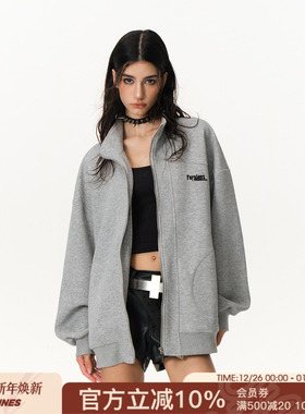 FORNINES刺绣国潮重磅立领卫衣男女立领情侣美式开衫春秋外套上衣