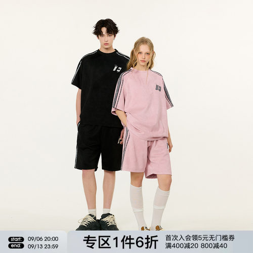 FORNINES刺绣拼接麂皮绒短袖T恤