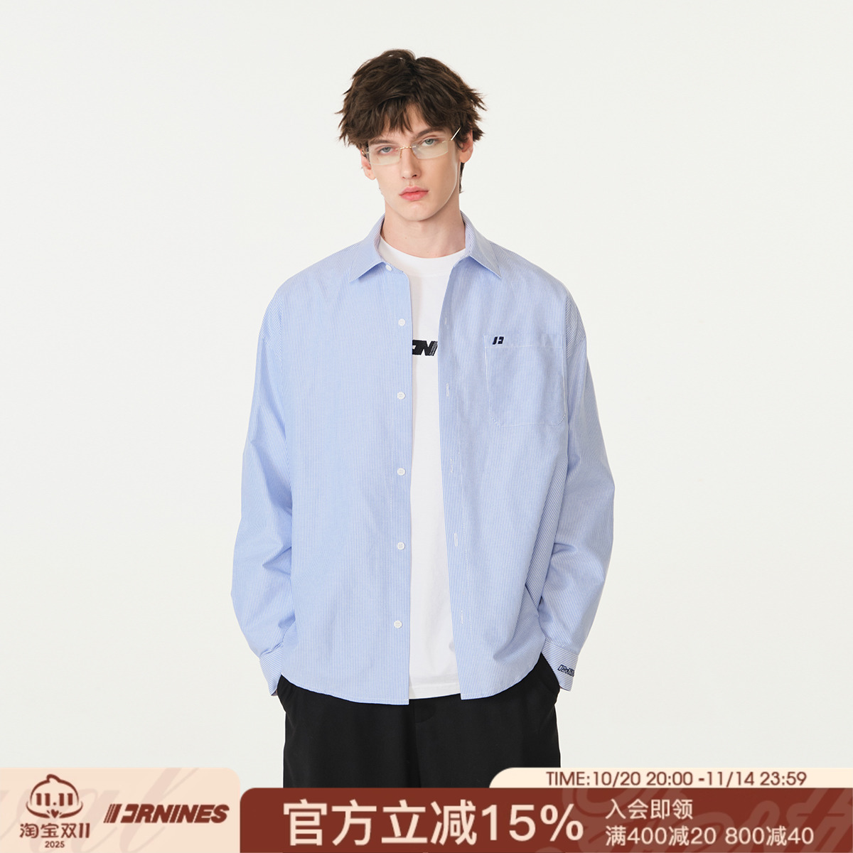 FORNINES刺绣竖条纹蓝色长袖衬衫男女情侣装上衣潮牌春秋休闲外套