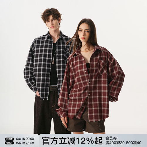 FORNINES刺绣格子长袖衬衫男女情侣上衣潮牌2026春季新款格纹外套