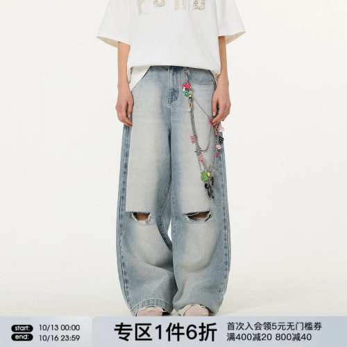FORNINES直筒破洞牛仔裤