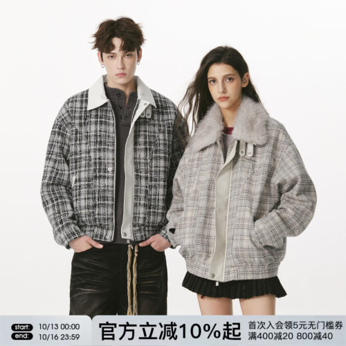 FORNINES可拆毛领格子棉衣男冬季翻领棉袄潮牌棉服小香风厚外套女