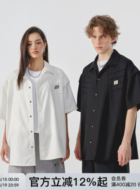 FORNINES小众解构压褶设计感衬衫男女夏季短袖潮牌美式白色半截袖