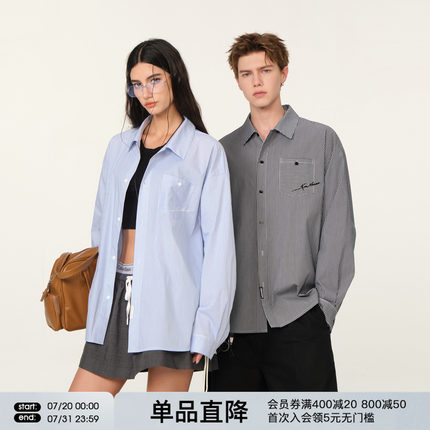 FORNINES刺绣竖条纹蓝色长袖衬衫男女情侣装上衣潮牌春秋休闲外套