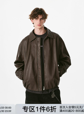 FORNINES美拉德复古翻领皮衣男款春季pu皮外套潮牌棕色痞帅机车服