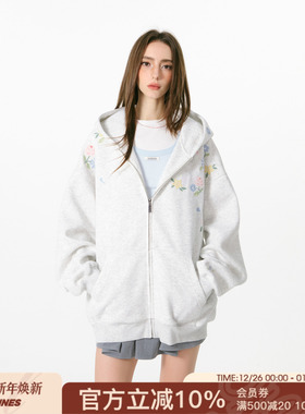 FORNINES瀑布绣花拉链开衫卫衣男潮牌秋冬重磅连帽衫加绒厚外套女