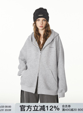 FORNINES重磅刺绣开衫灰色卫衣男女情侣装潮牌春季连帽衫拉链外套