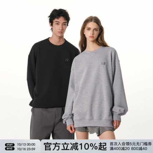 FORNINES刺绣重磅华夫格圆领灰色卫衣男春秋长袖休闲打底衫女上衣