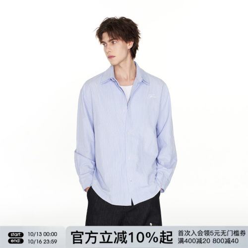 FORNINES假两件蓝色条纹长袖衬衫男女宽松休闲上衣春秋款衬衣外套