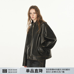 皮衣春秋夹克 FORNINES复古渐变擦色pu皮外套男女潮牌机车服微短款