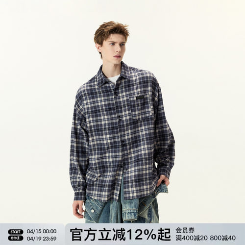 FORNINES磨毛格子衬衫男女潮牌春季上衣复古内搭格纹长袖衬衣外套