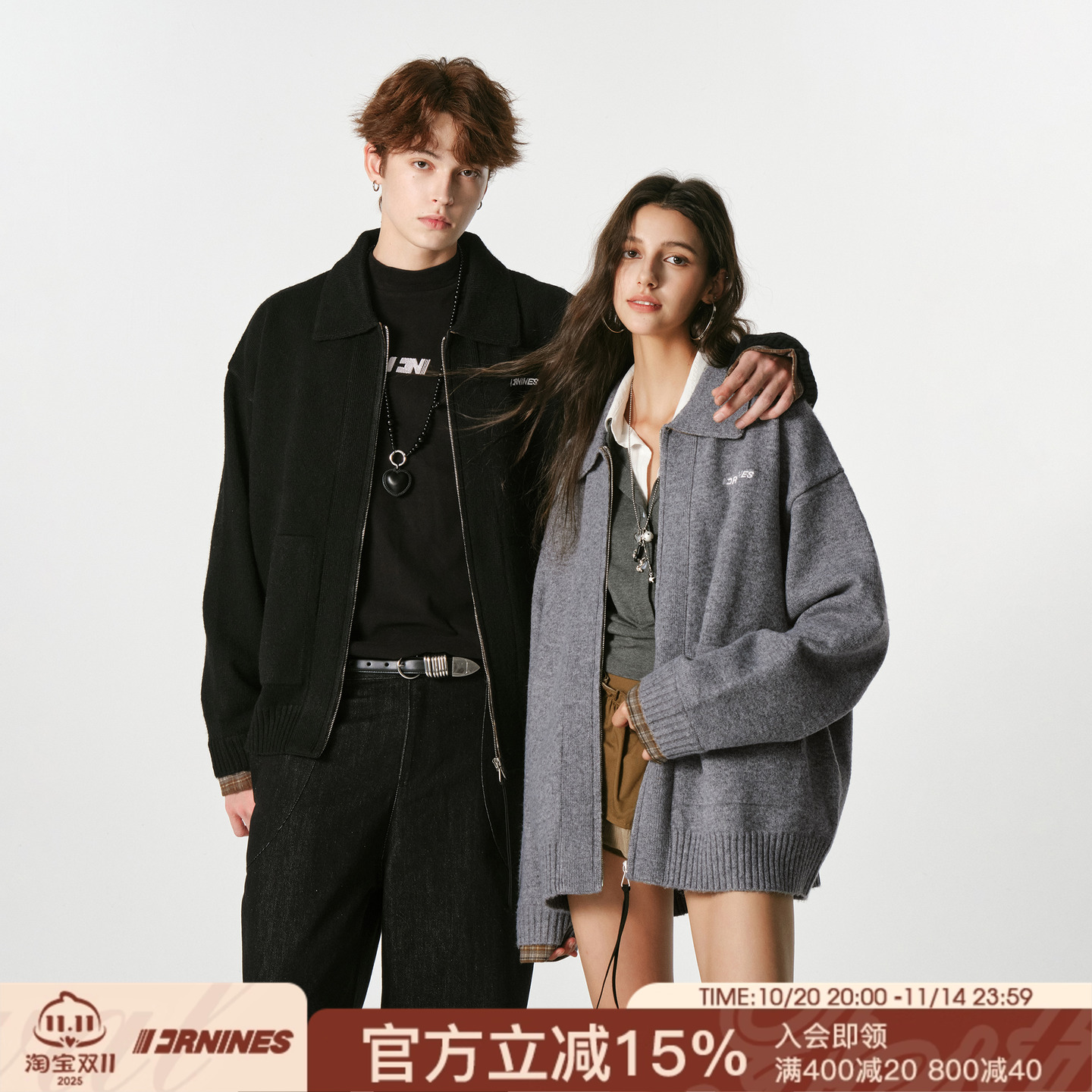 FORNINES含绵羊毛假两件翻领开衫毛衣外套男女潮牌情侣秋冬针织衫