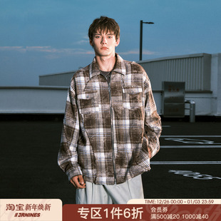 美式 男女潮牌春秋季 高街外套 衬衫 FORNINES设计感拉链毛边格子长袖