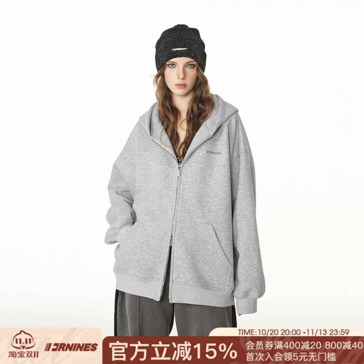 FORNINES重磅刺绣开衫灰色卫衣男女情侣装潮牌春秋连帽衫加绒外套