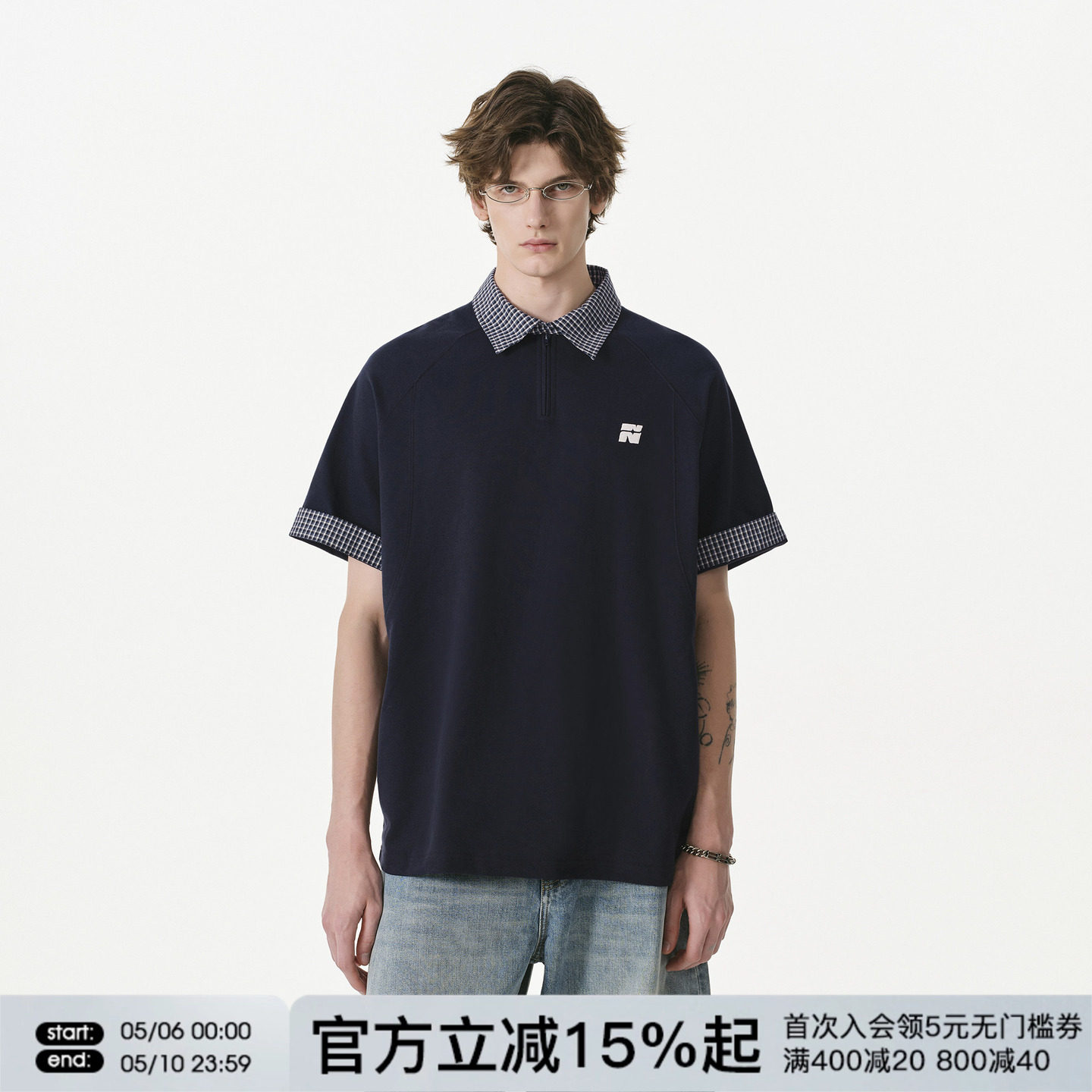 FORNINES假两件半拉链短袖POLO衫男款潮牌情侣上衣女夏季半袖T恤