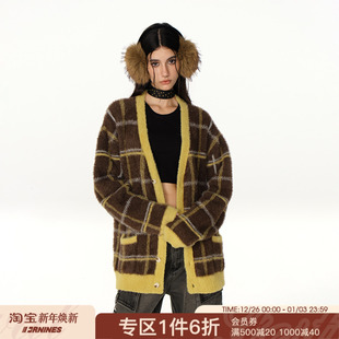 FORNINES仿貂毛黄色格子毛衣开衫 外套男女潮牌宽松V领慵懒针织衫