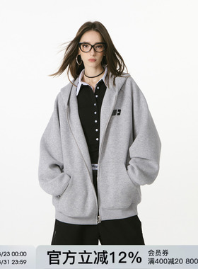FORNINES刺绣连帽拉链开衫灰色卫衣男女潮牌春秋重磅休闲情侣外套