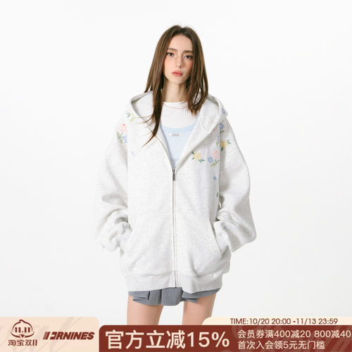 FORNINES瀑布刺绣拉链开衫卫衣男潮牌情侣装重磅连帽衫加绒外套女