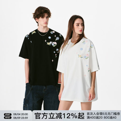 FORNINES瀑布刺绣重磅纯棉短袖T恤男女情侣上衣潮牌2026夏季半袖