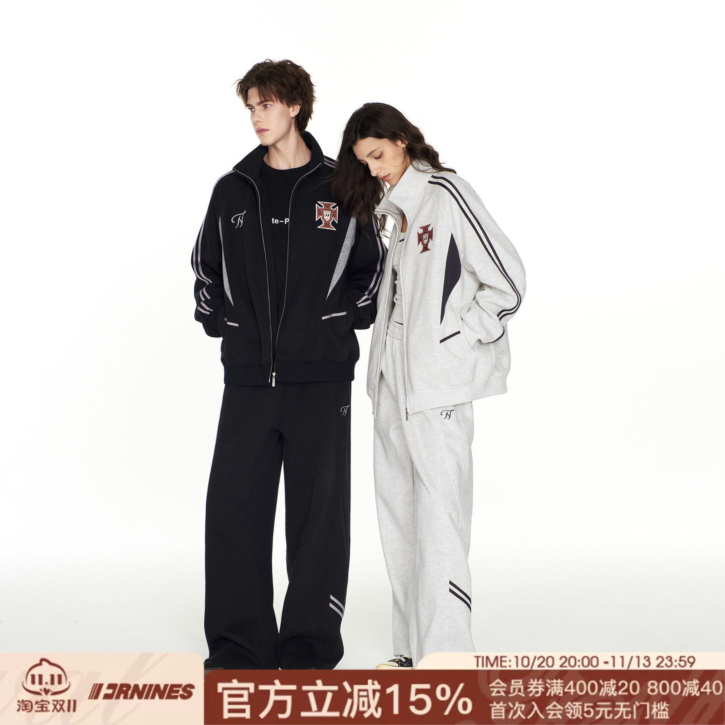 FORNINES拼接撞色立领运动服开衫卫衣男女情侣套装春秋款重磅外套