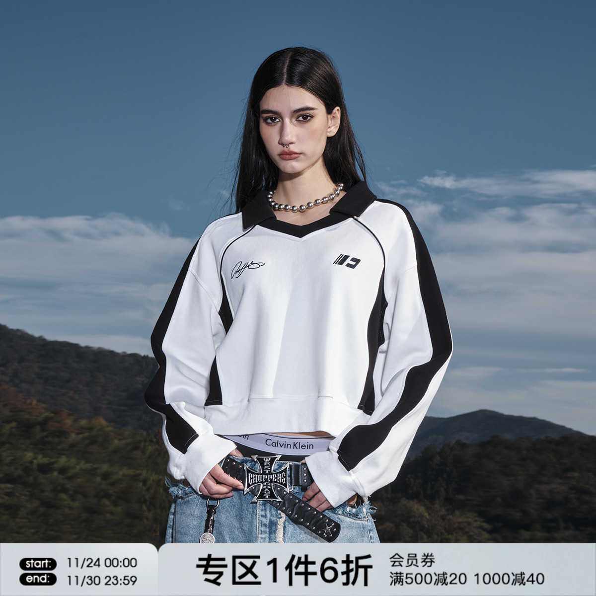 FORNINES刺绣polo领半拉链卫衣男女情侣上衣潮牌春秋美式短款外套