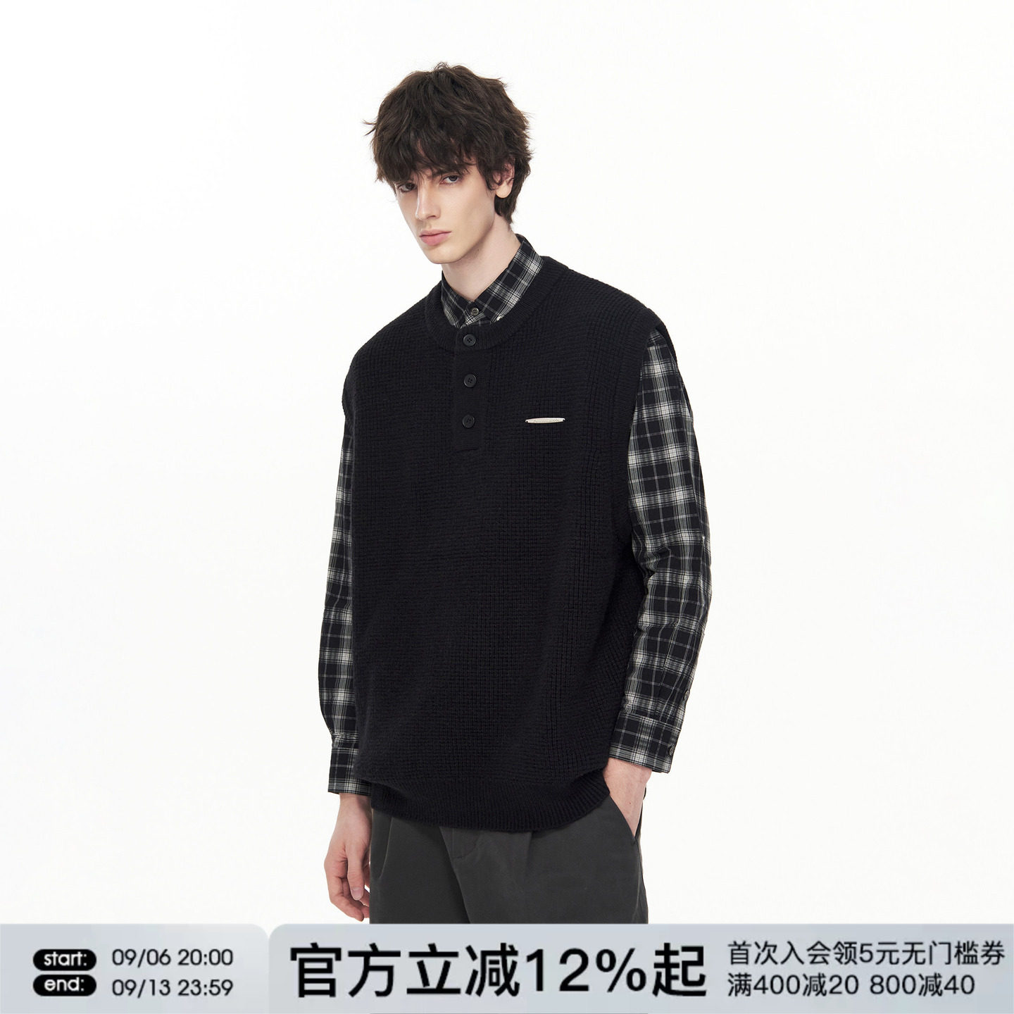 FORNINES亨利圆领叠穿针织马甲男女休闲无袖毛衣背心秋冬内搭坎肩