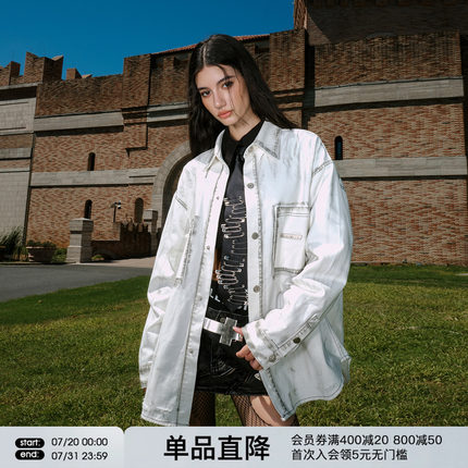 FORNINES做旧洗水白色牛仔长袖衬衫男女潮牌春秋夹克美式复古外套
