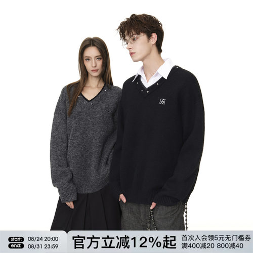 FORNINES羊毛混纺V领毛衣男女情侣上衣潮牌秋冬款内搭打底针织衫