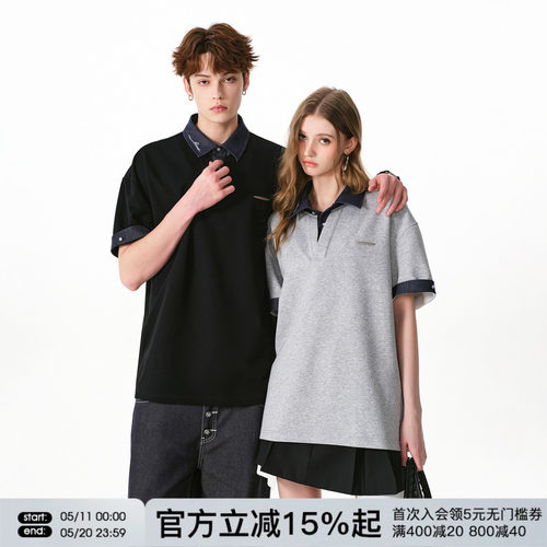 FORNINES假两件拼接短袖polo衫男女情侣上衣夏季潮牌半袖翻领T恤