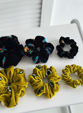 大号发圈丝绒真丝大肠圈彩印八宝花牛油果绿藏蓝气质高级丝绒发圈