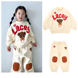 加绒！现货！韩国男女童幼儿园米色领结熊小高领卫衣卫裤运动套装