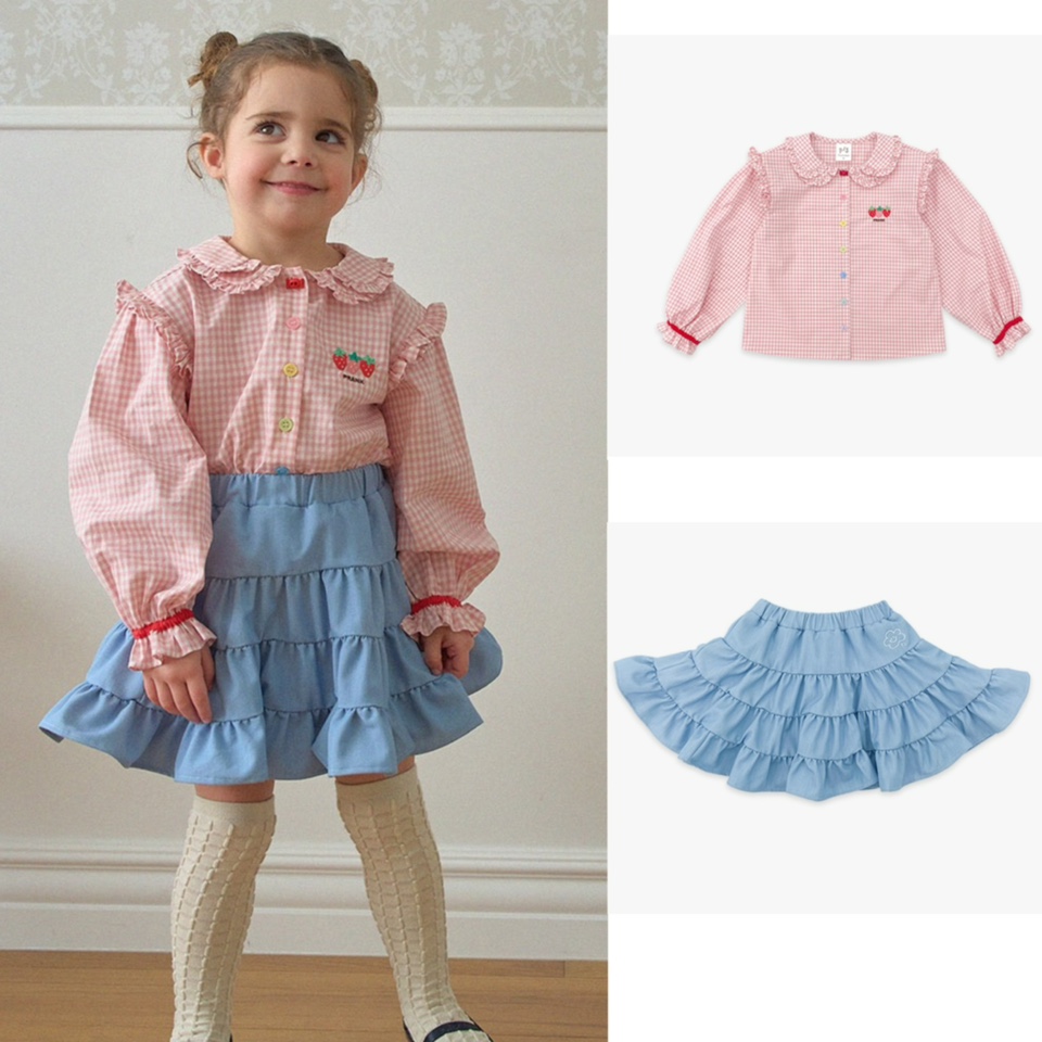 现货！韩国童装婴儿宝宝女童红色格子娃娃领衬衣蓝色百褶裙套装