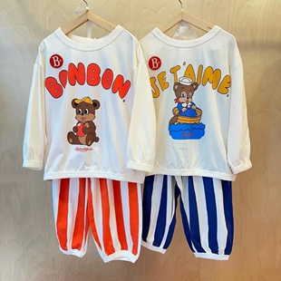 现货!韩国童装ins风夏季莫代尔婴儿宝宝男女童条纹裤子家居服