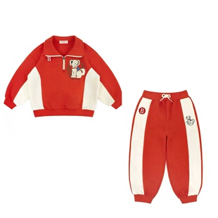 现货！ins儿童套装男女童小狗红白拼色拼色卫衣卫裤运动服两件套