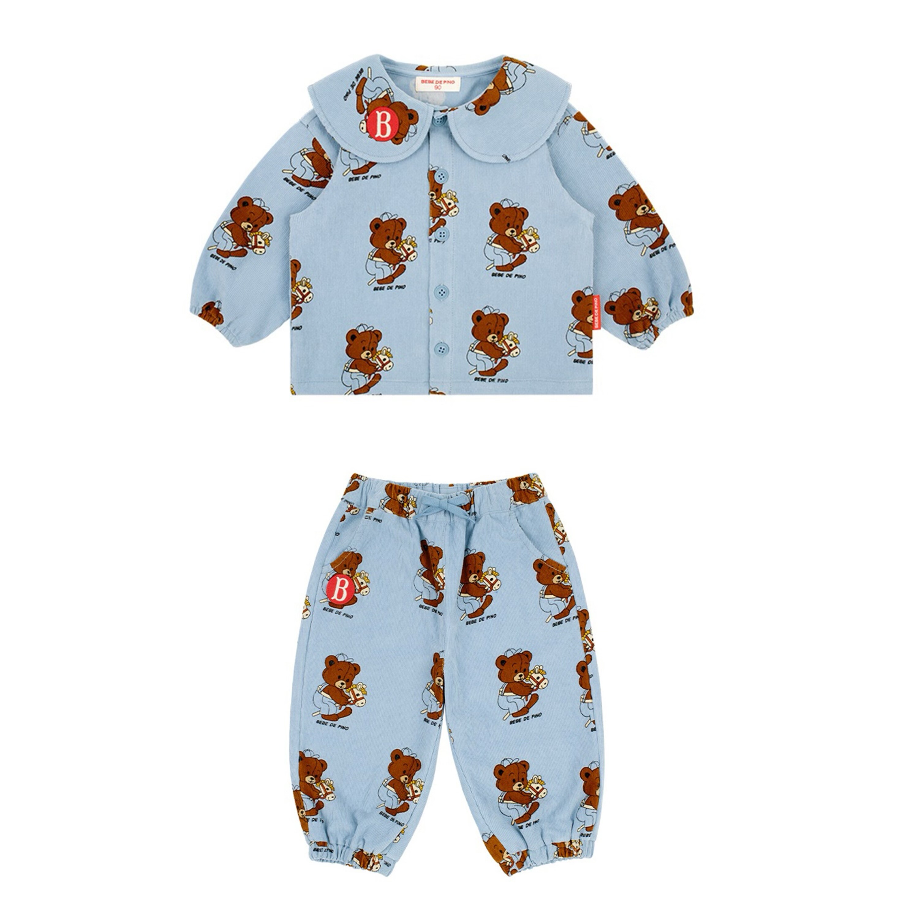 灯芯绒!韩国童装ins风婴儿宝宝男女童蓝色牛仔小熊外套裤子套装