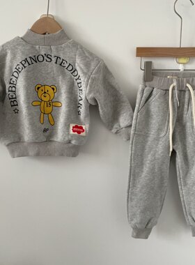 薄绒！韩国童装ins风婴儿宝宝男女童加绒灰色小熊卫衣套装