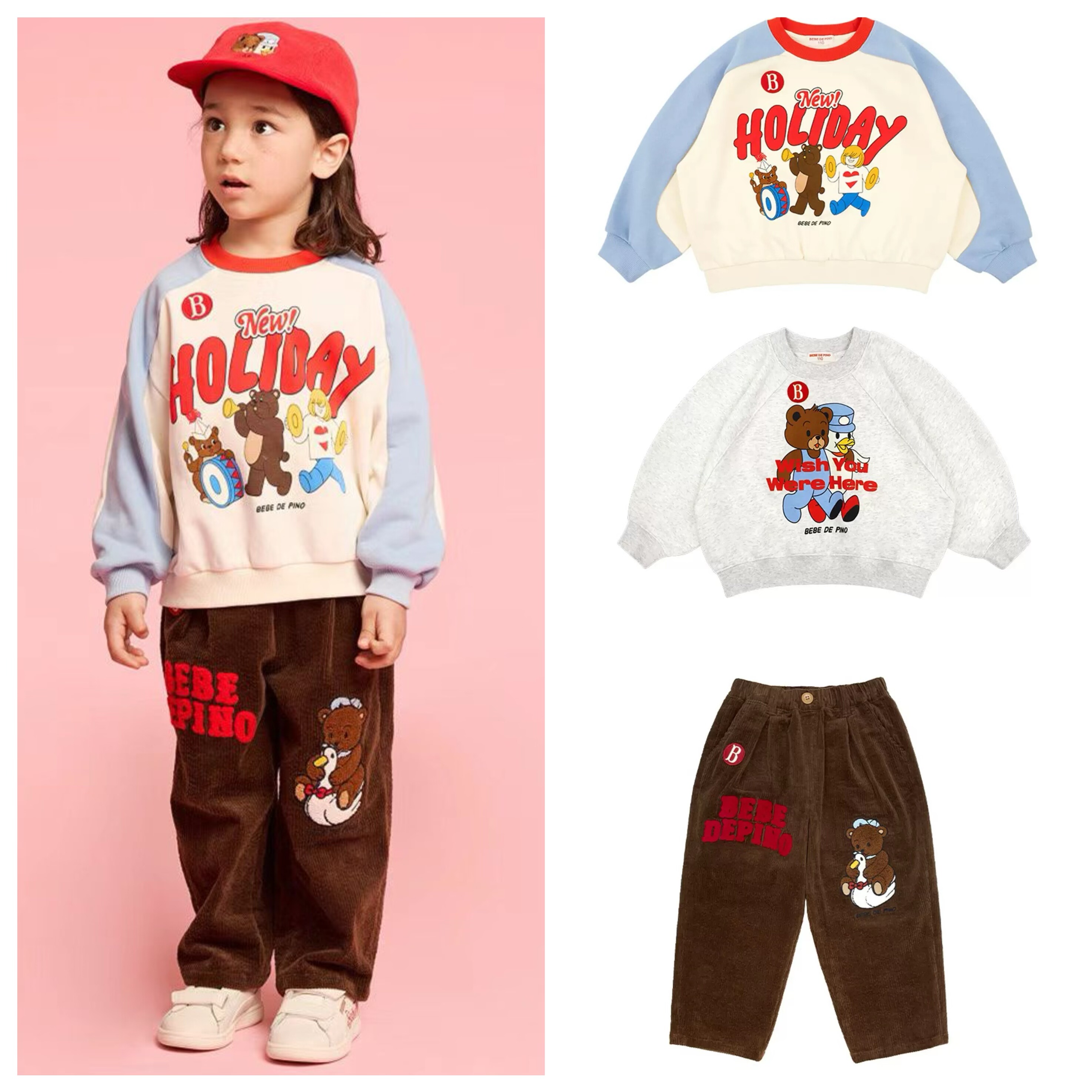 加绒！现货！ins风婴儿宝宝男女童蓝色小熊卫衣卫裤运动套装