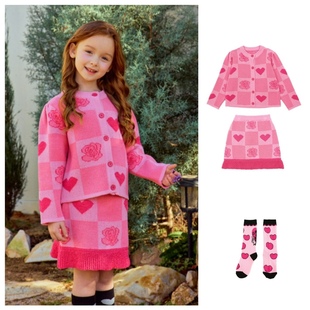 现货！韩国童装婴儿宝宝女童粉格子玫瑰花针织开衫裙子套装新年