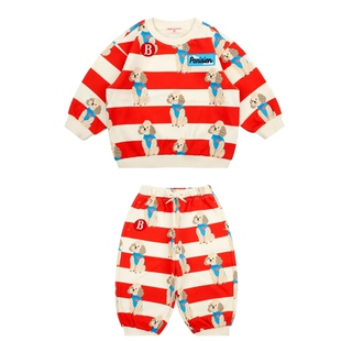 加绒！韩国2026红色条纹儿童卫衣卫裤套装女童条纹上衣裤子两件套