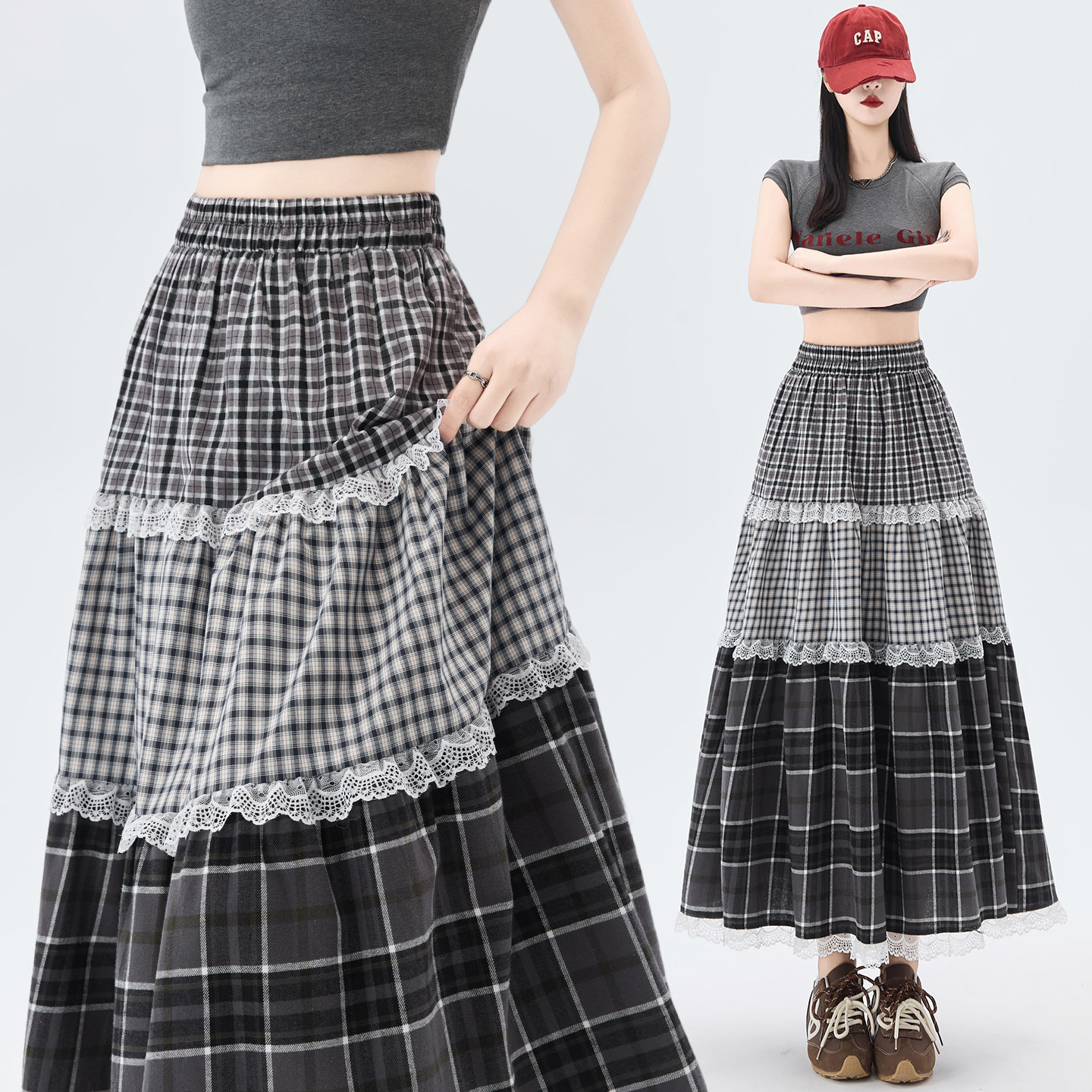 实拍 复古格子拼接蕾丝花边半身裙女2026夏季松紧腰A字蛋糕中长裙