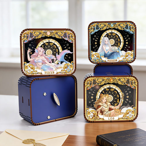 原创木质音乐盒星座系列动态八音盒礼品礼物装饰摆摊批发工艺品