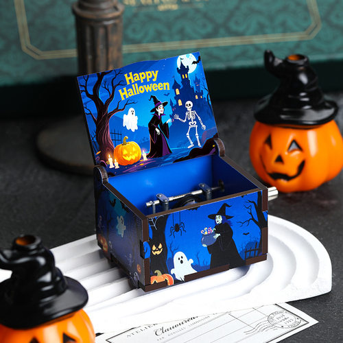 万圣会议木制彩绘手摇式音乐盒摆件节日工艺品礼物礼品送礼物摆摊