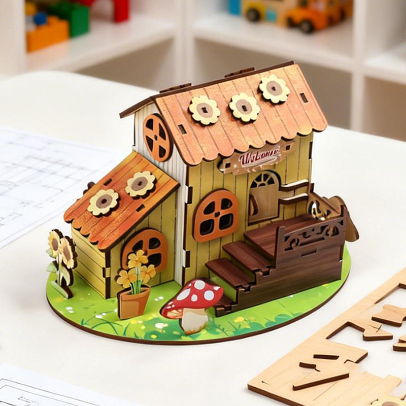 手工DIY木制立体拼图拼装彩喷蘑菇小屋模型桌面摆件儿童礼物批发