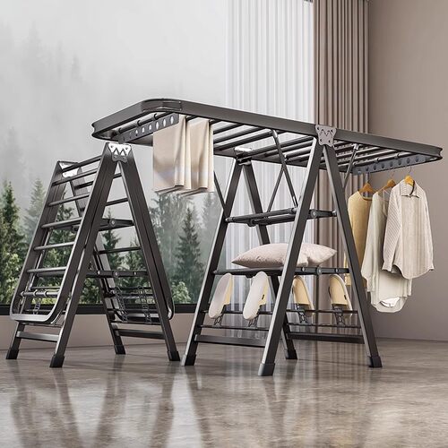 Foldable 3-Level Laundry Drying Rack Height-Adjustable Wings
