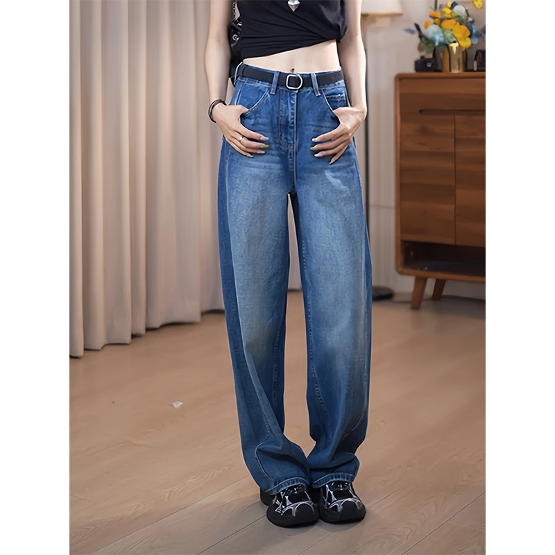 复古风蓝色直筒牛仔裤女2026夏季